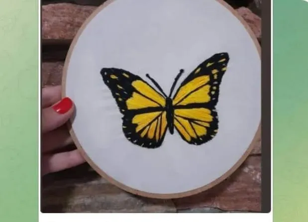 Bordado de borboleta finalizado por Aline Ferreira na primeira semana de curso