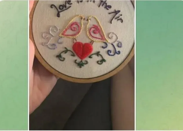 Primeiro bordado de Beatriz Souza usando os riscos exclusivos do Universo Artesa